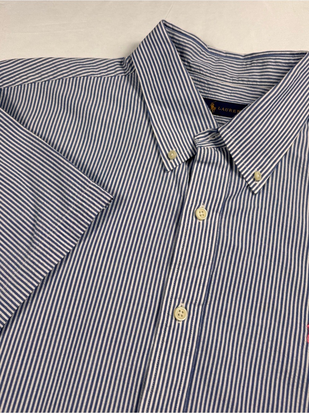 Polo Ralph Lauren Seersucker Mens XL Short Sleeve Shirt Blue/white Pink Pony - Picture 3 of 7